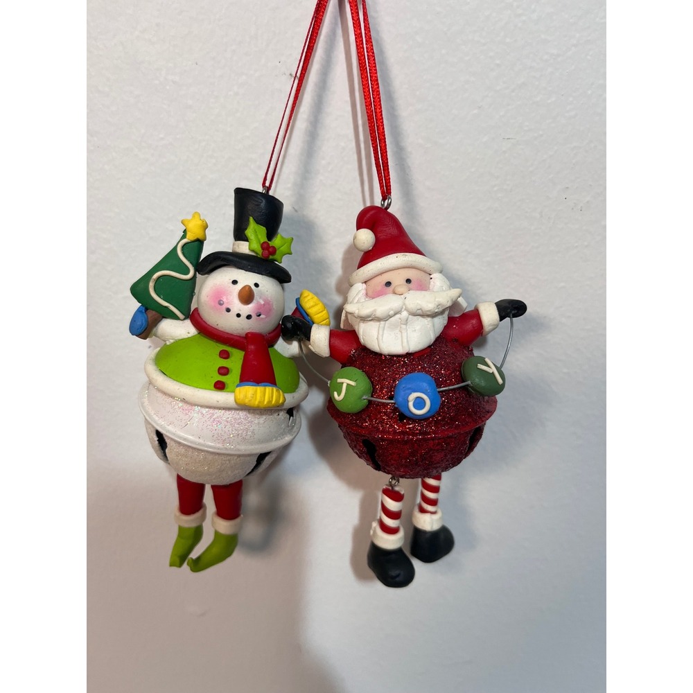 Christmas Jingle Bell Ornaments Santa Joy and Snowman Set of 2 Holiday Decor